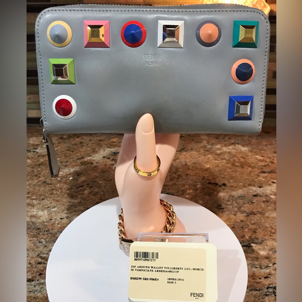 FENDI Vitello Liberty Multicolor Studded Leather Zip Around Wallet 😍💙❤️ - Picture 12 of 17